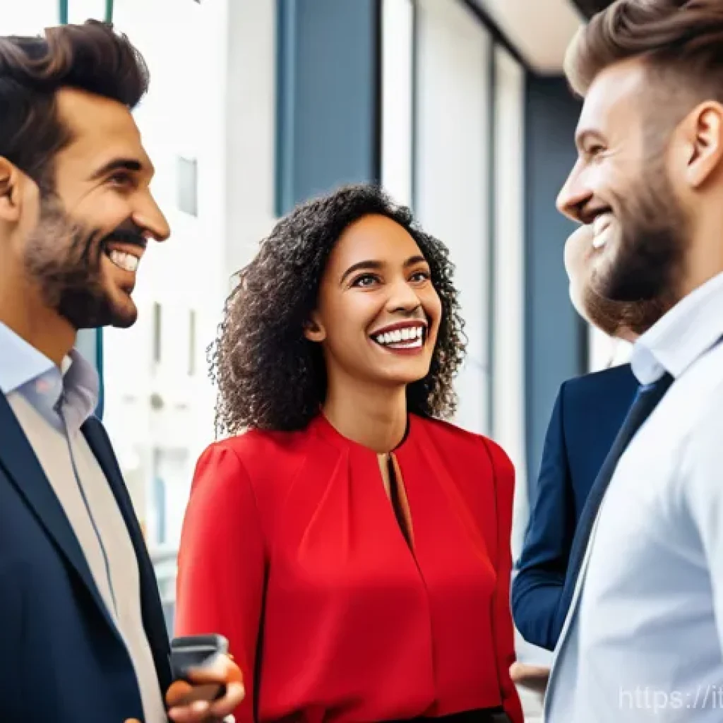 마케팅관리사 자격증 관련 네트워크 활동 - A vibrant, diverse group of marketing professionals, impeccably dressed in contemporary business-cas...