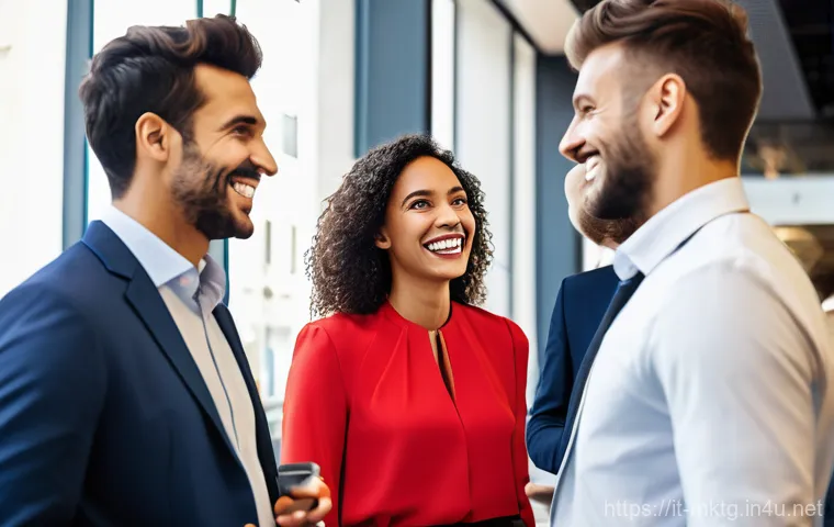 마케팅관리사 자격증 관련 네트워크 활동 - A vibrant, diverse group of marketing professionals, impeccably dressed in contemporary business-cas...