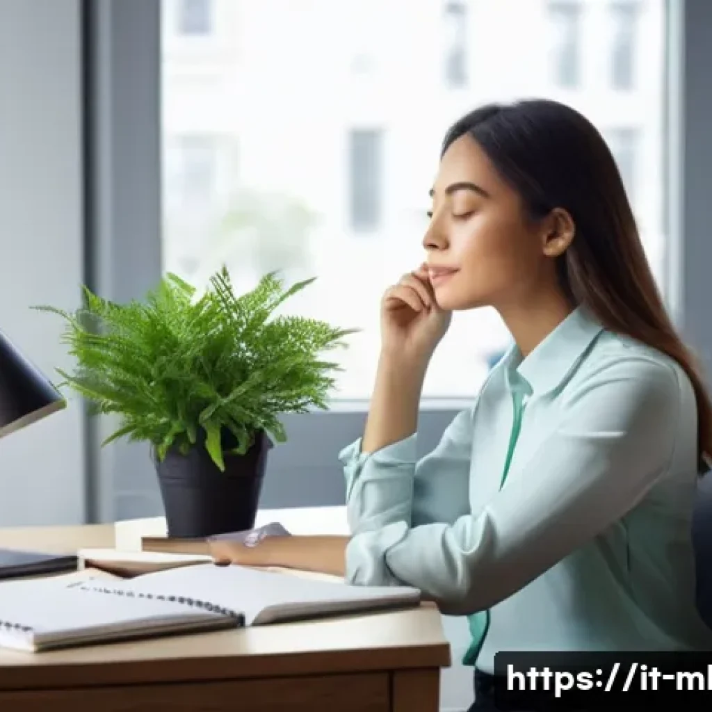 마케팅관리사 취득 후 업무 중 스트레스 관리법 - **Prompt:** A serene and organized office space bathed in soft natural light, where a woman in her l...