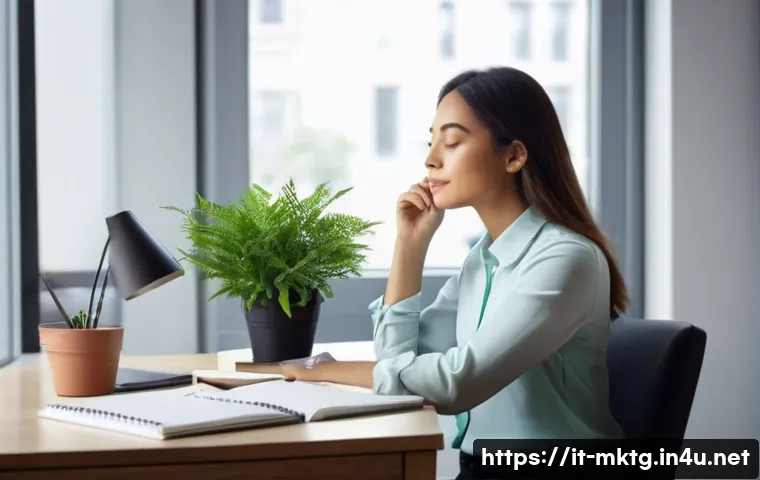 마케팅관리사 취득 후 업무 중 스트레스 관리법 - **Prompt:** A serene and organized office space bathed in soft natural light, where a woman in her l...