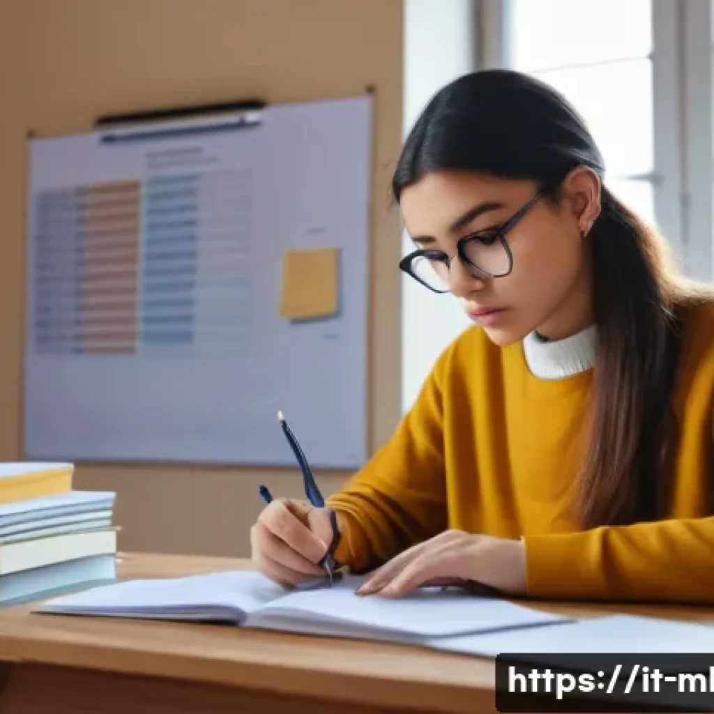 마케팅관리사 실기 시험 전략 및 실전 팁 - A focused Italian university student sitting at a wooden desk in a bright study room, surrounded by ...