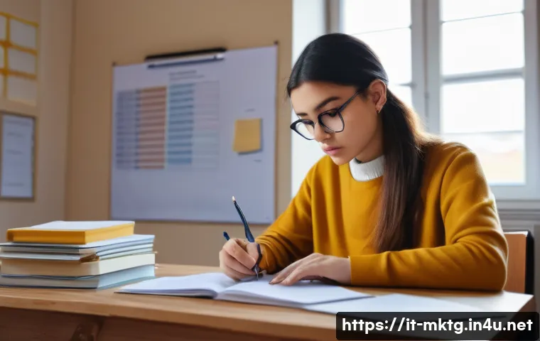마케팅관리사 실기 시험 전략 및 실전 팁 - A focused Italian university student sitting at a wooden desk in a bright study room, surrounded by ...