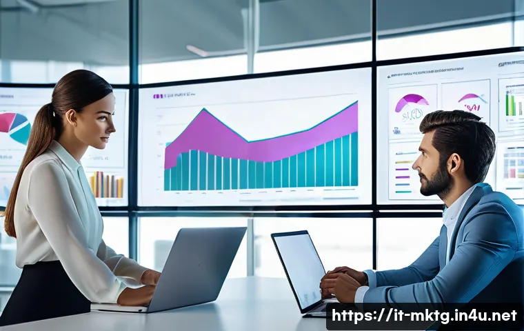 마케팅관리사 자격증과 빅데이터 활용 - A modern marketing professional analyzing big data on multiple transparent digital screens in a slee...