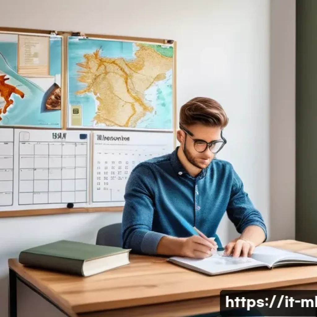 마케팅관리사 자격증 효율적인 학습 계획 - A modern, well-organized Italian study corner in a bright room with natural light, featuring a clean...