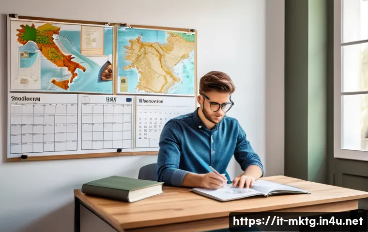 마케팅관리사 자격증 효율적인 학습 계획 - A modern, well-organized Italian study corner in a bright room with natural light, featuring a clean...