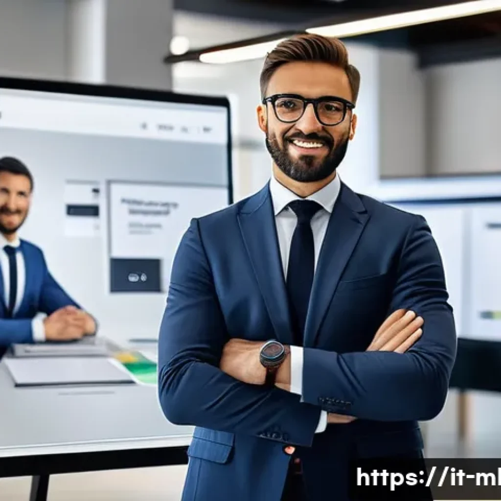 마케팅관리사 자격증 연봉 상승 효과 - A professional Italian marketing manager in a modern office environment, dressed in smart business a...