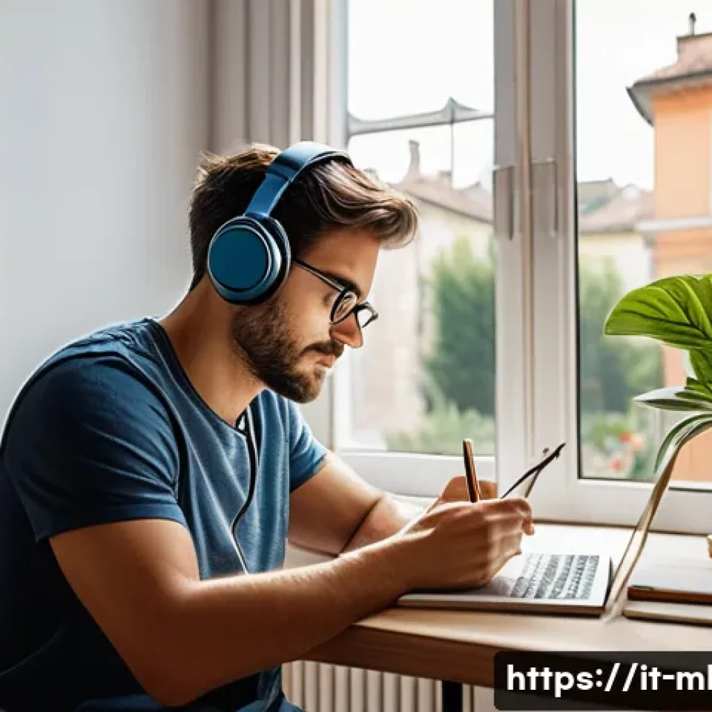 마케팅관리사 시험 준비에 도움이 되는 팟캐스트 - A focused young adult studying marketing podcasts in a cozy, modern Italian apartment during early m...