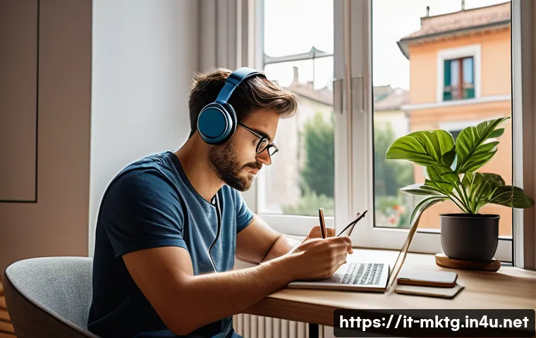 마케팅관리사 시험 준비에 도움이 되는 팟캐스트 - A focused young adult studying marketing podcasts in a cozy, modern Italian apartment during early m...