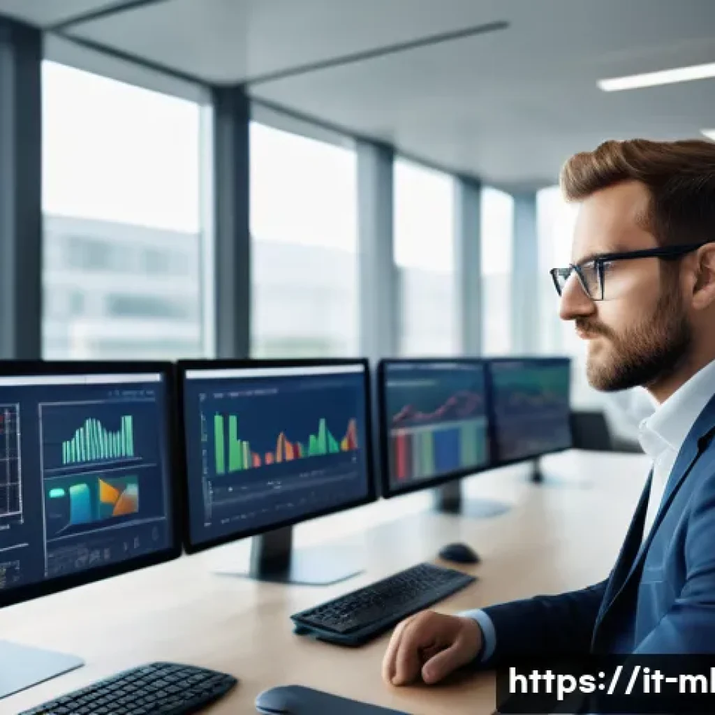 마케팅관리사 시험 대비 필수 요약 노트 - A professional marketing manager in a modern office environment, analyzing digital charts and market...