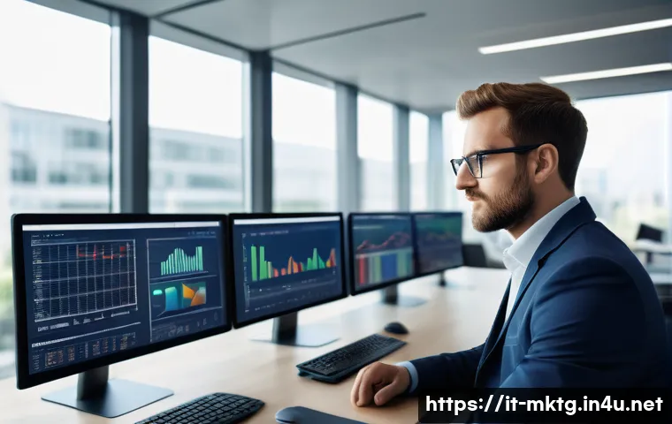 마케팅관리사 시험 대비 필수 요약 노트 - A professional marketing manager in a modern office environment, analyzing digital charts and market...