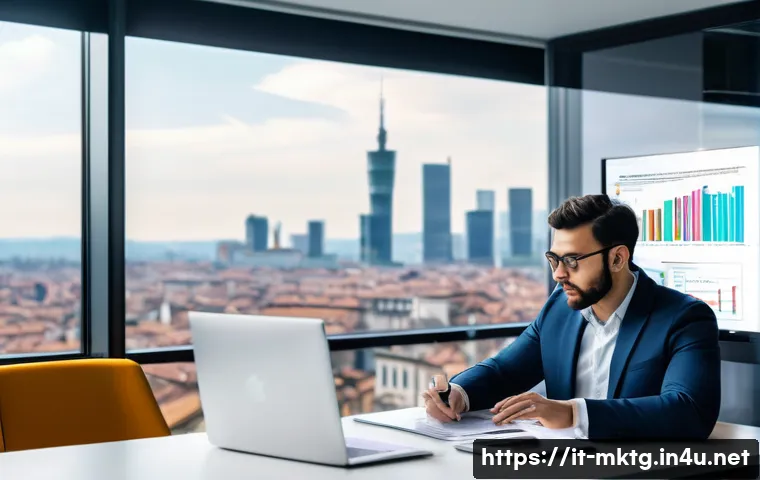 마케팅관리사와 디지털 마케팅의 연계성 - A modern Italian marketing manager in a sleek office overlooking Milan’s skyline, analyzing dynamic ...