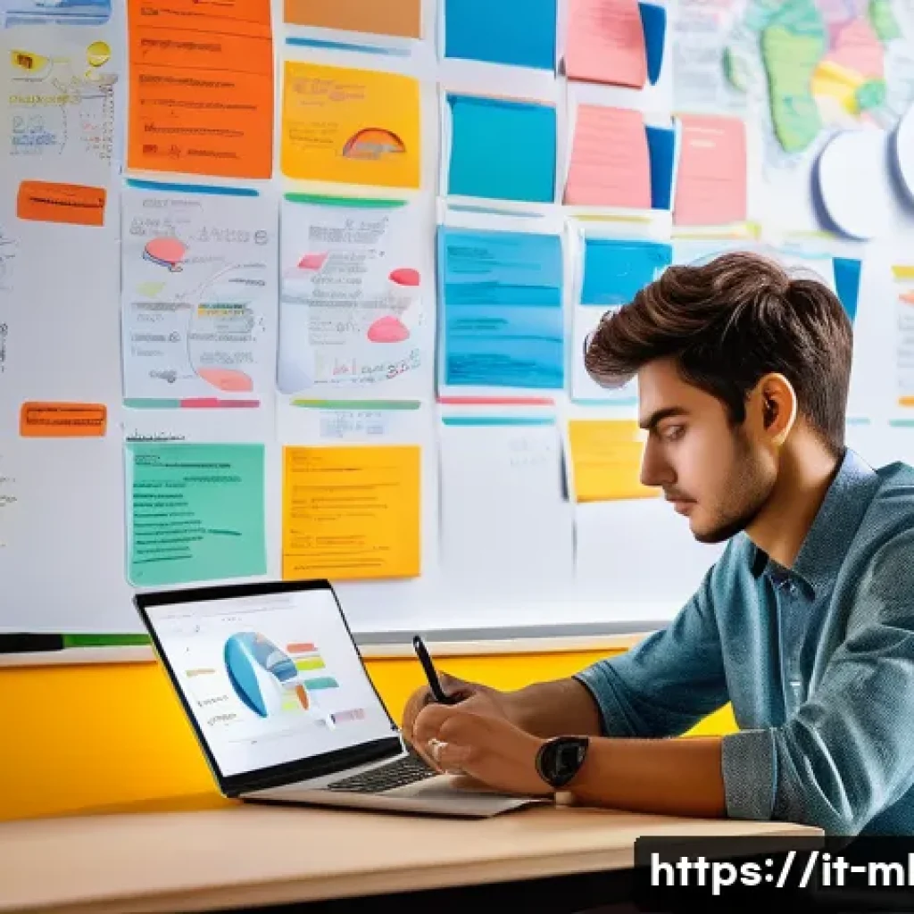 마케팅관리사 필기 공부법 유형별 비교 - A focused Italian university student studying marketing at a modern desk, surrounded by colorful min...