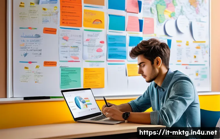 마케팅관리사 필기 공부법 유형별 비교 - A focused Italian university student studying marketing at a modern desk, surrounded by colorful min...