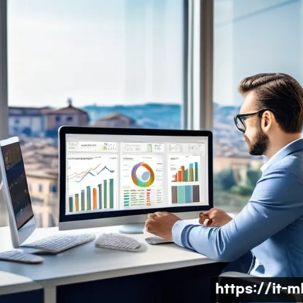 마케팅관리사 시험 출제 경향 변화 분석 - A modern Italian marketing manager analyzing digital data on multiple screens in a stylish office ov...