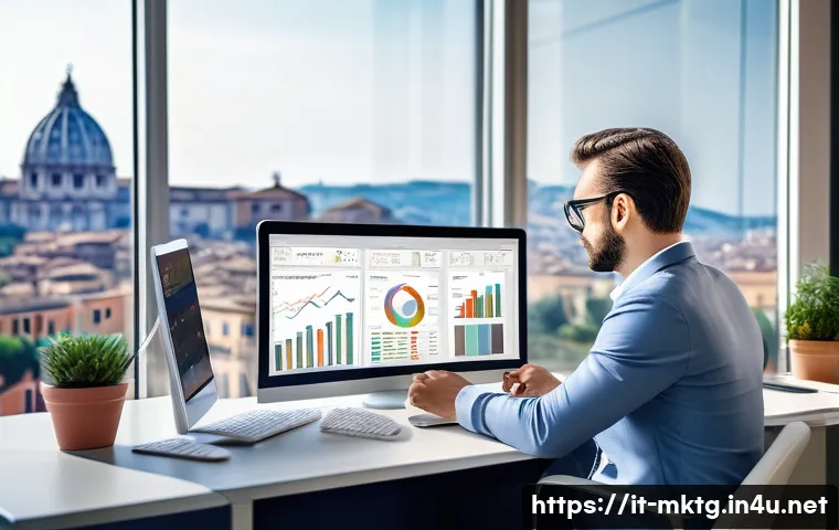마케팅관리사 시험 출제 경향 변화 분석 - A modern Italian marketing manager analyzing digital data on multiple screens in a stylish office ov...