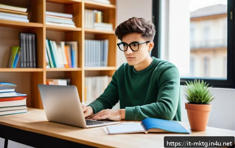 마케팅관리사 시험 대비 최종 점검 리스트 - A modern study room scene with a young adult Italian student wearing casual clothes and glasses, sit...