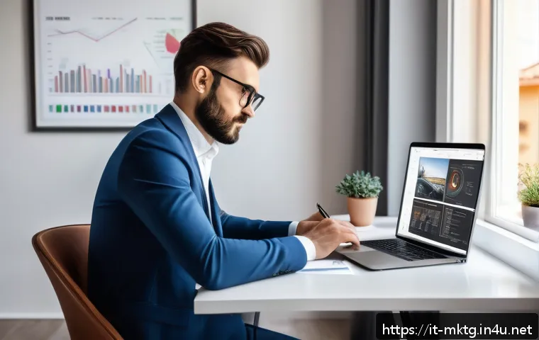 마케팅관리사 자격증을 활용한 프리랜서 일자리 - A professional freelance marketing manager working in a modern, stylish home office in Italy, with a...