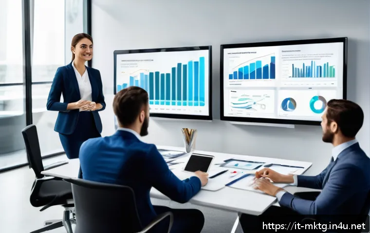 마케팅관리사 자격증으로 인한 경력 전환 사례 - A professional digital marketing manager confidently presenting a strategic social media campaign in...