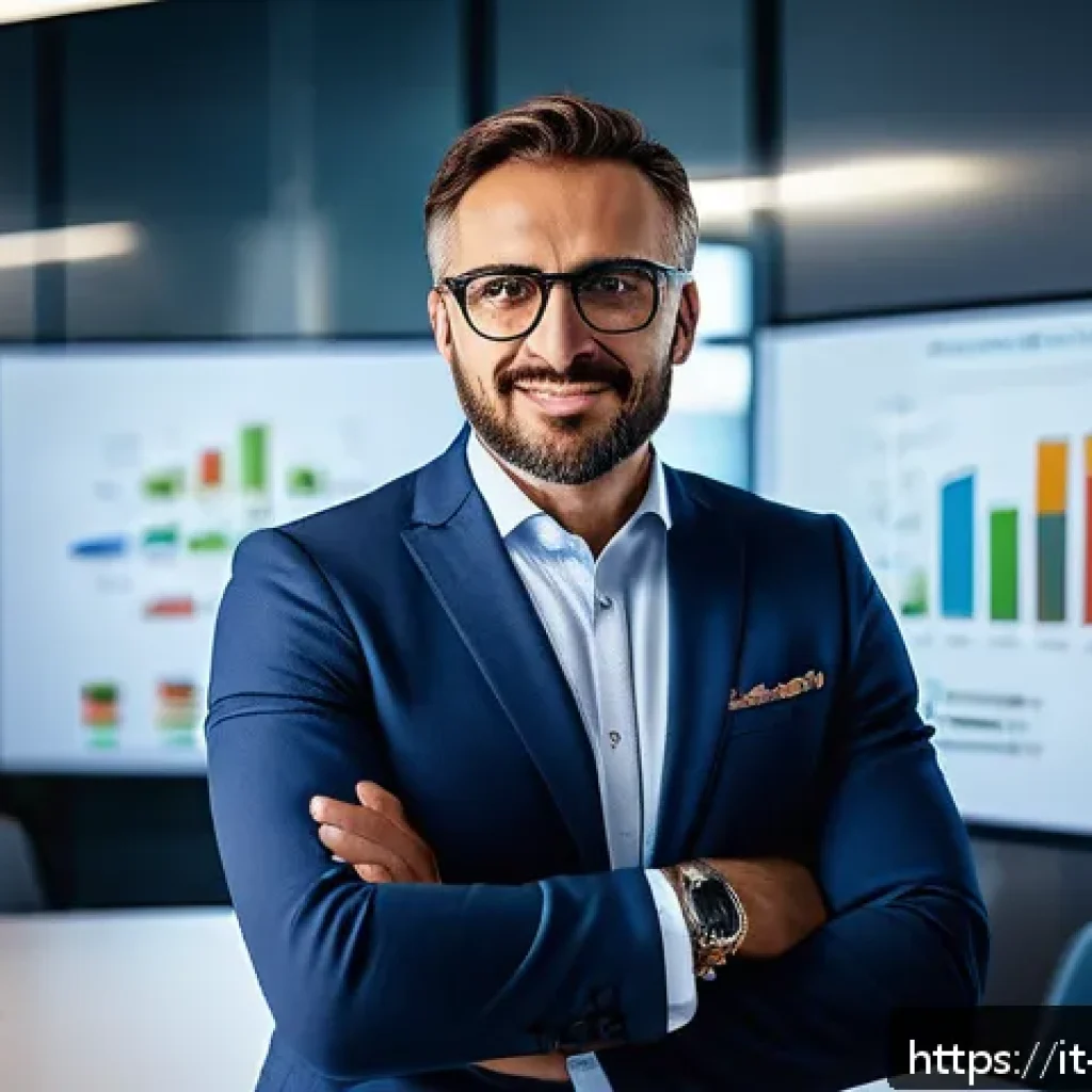 마케팅관리사 자격증과 기업 내 경력 개발 - A confident Italian marketing professional in a modern office setting, wearing smart business casual...