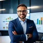 마케팅관리사 자격증과 기업 내 경력 개발 - A confident Italian marketing professional in a modern office setting, wearing smart business casual...