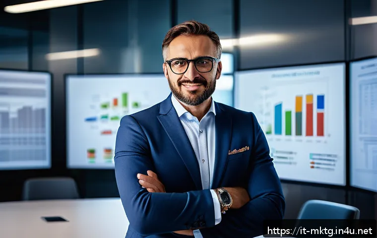 마케팅관리사 자격증과 기업 내 경력 개발 - A confident Italian marketing professional in a modern office setting, wearing smart business casual...