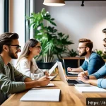 마케팅관리사 시험 준비를 위한 스터디 모임 - A diverse group of young professionals studying collaboratively in a bright, modern coworking space ...