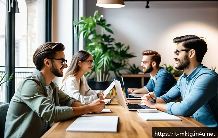 마케팅관리사 시험 준비를 위한 스터디 모임 - A diverse group of young professionals studying collaboratively in a bright, modern coworking space ...