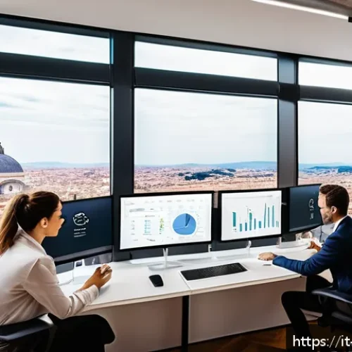 마케팅관리사 실기 시험에서 강조되는 사례 - A modern digital marketing office scene in Italy featuring a diverse team of professionals analyzing...