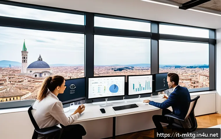마케팅관리사 실기 시험에서 강조되는 사례 - A modern digital marketing office scene in Italy featuring a diverse team of professionals analyzing...